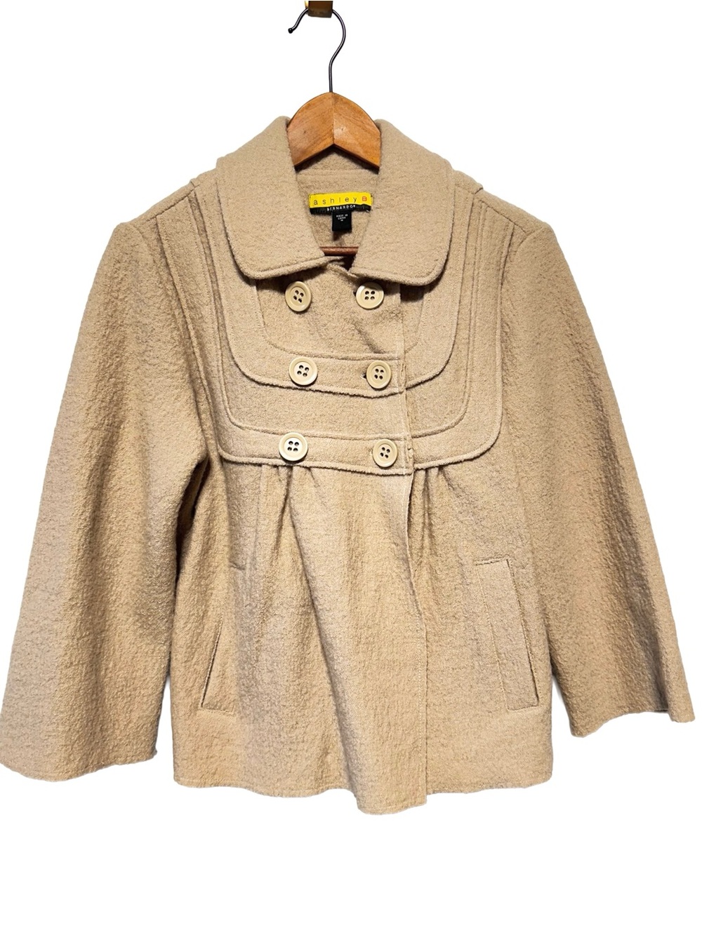 Wool Swing Coat Double Breasted Mod Jackie O Retro Peacoat Beige Boucle M
